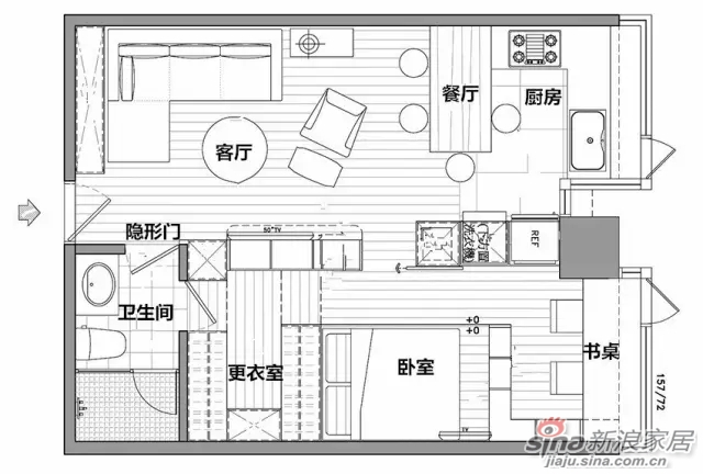 43㎡公寓,一分为二的背景墙,竟还是卧室里的大衣柜!