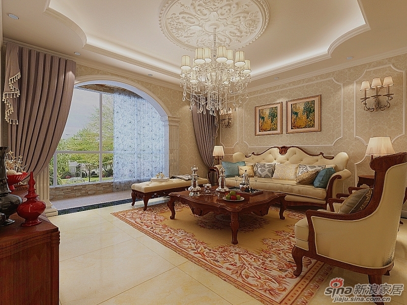 复式客厅散发着一种温馨充盈的视觉感受,米白色的纹饰大理石地砖铺贴