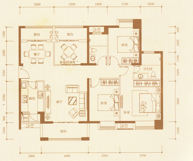 140平三室二厅二卫户型图